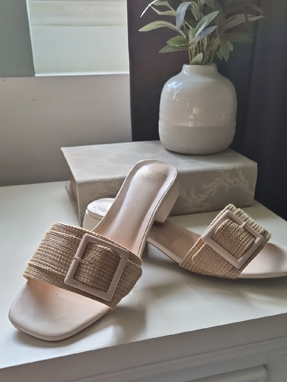 Jones New York Women's Neutral Raffia Buckle Slide Heels - Beige